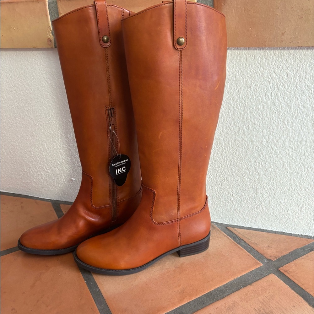 INC  Brown Leather tall Roding boots size 9.5 New with Tags - Picture 2 of 4